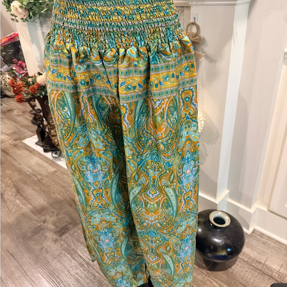 Smocked Waist Wide-Leg Pants in Green Paisley